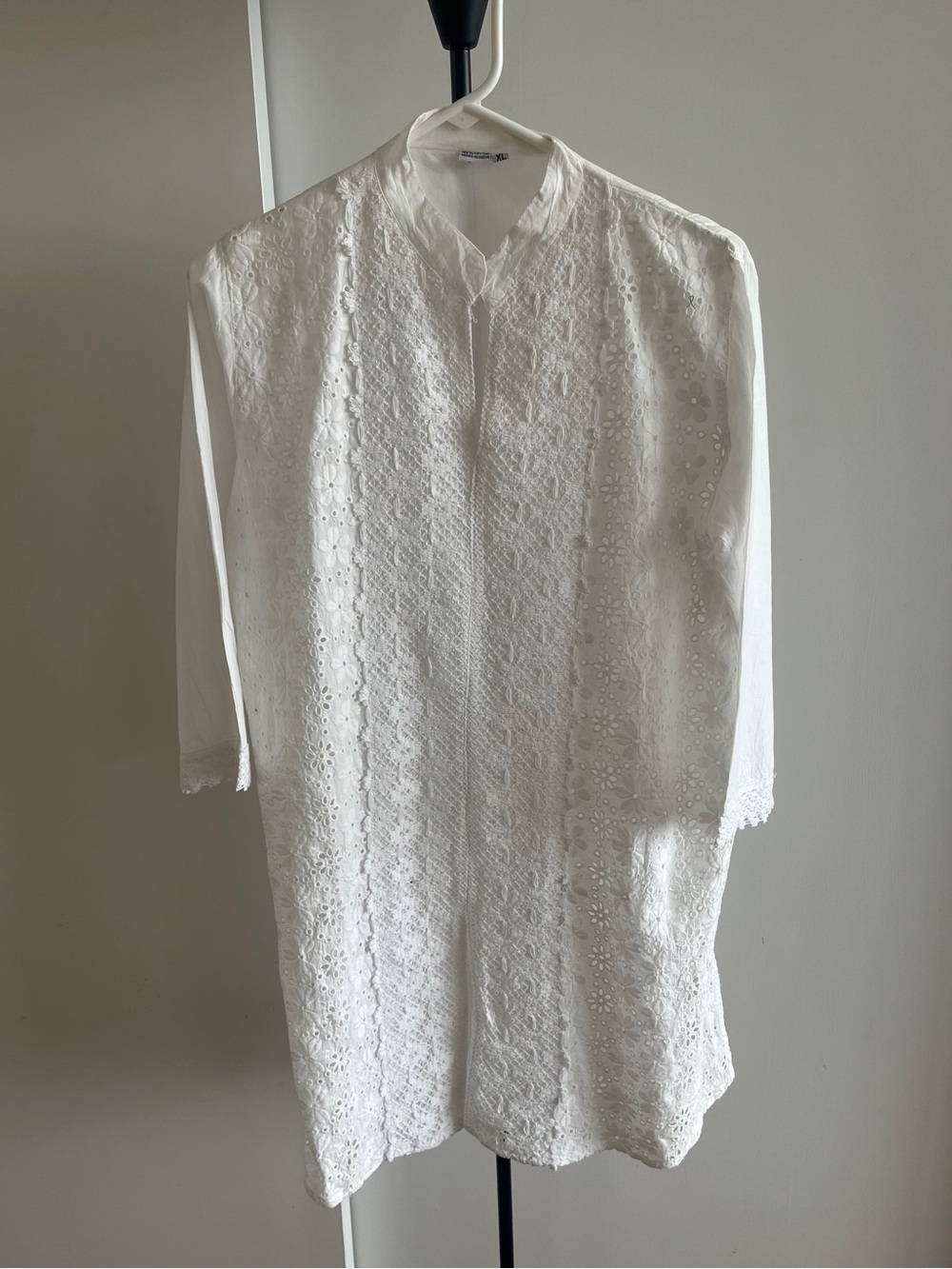 New Unique Fabindia Style Tunic Top Dress 100% Cotton Crochet Lace Eyelet White
